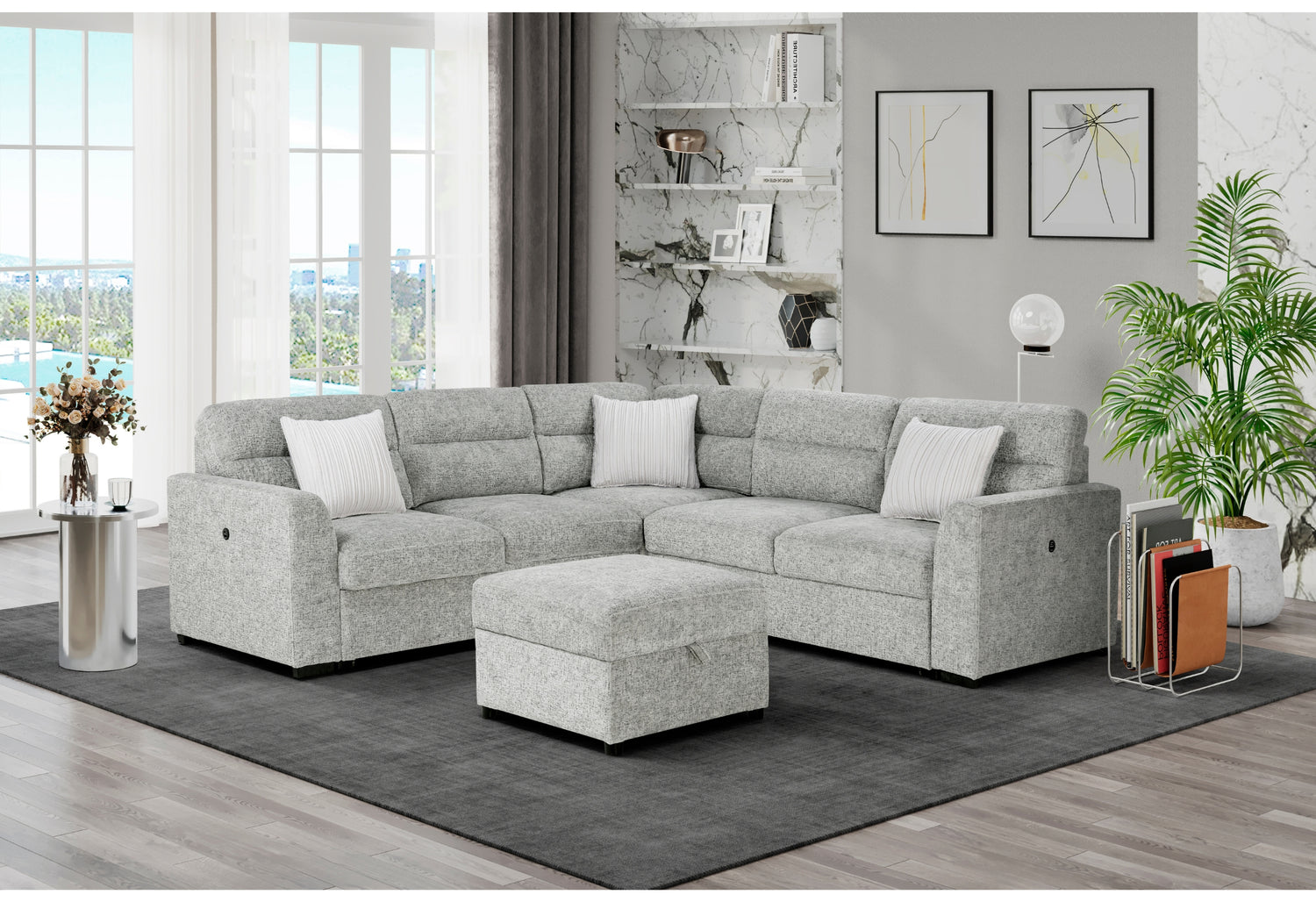 U9401 Nickel Sectional With 3 Pillows And Ottoman | Global Furniture USA