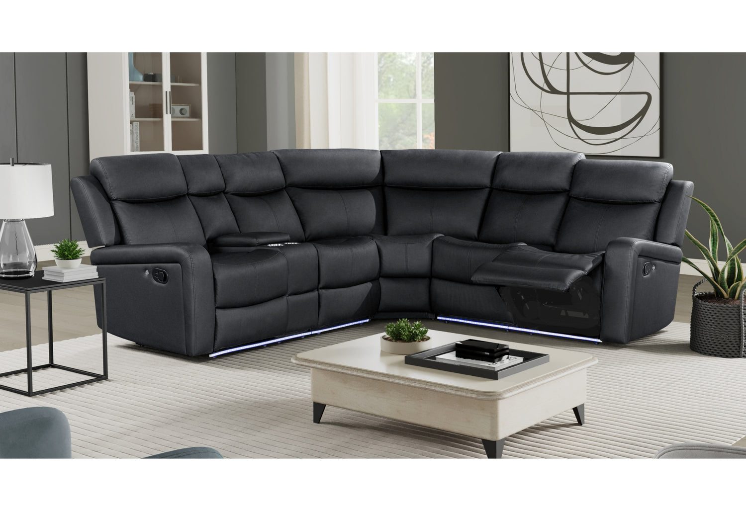U6024 Black Pu 72 A Sectional With Led And 2 Recliners | Global Furniture USA - Home Elegance USA