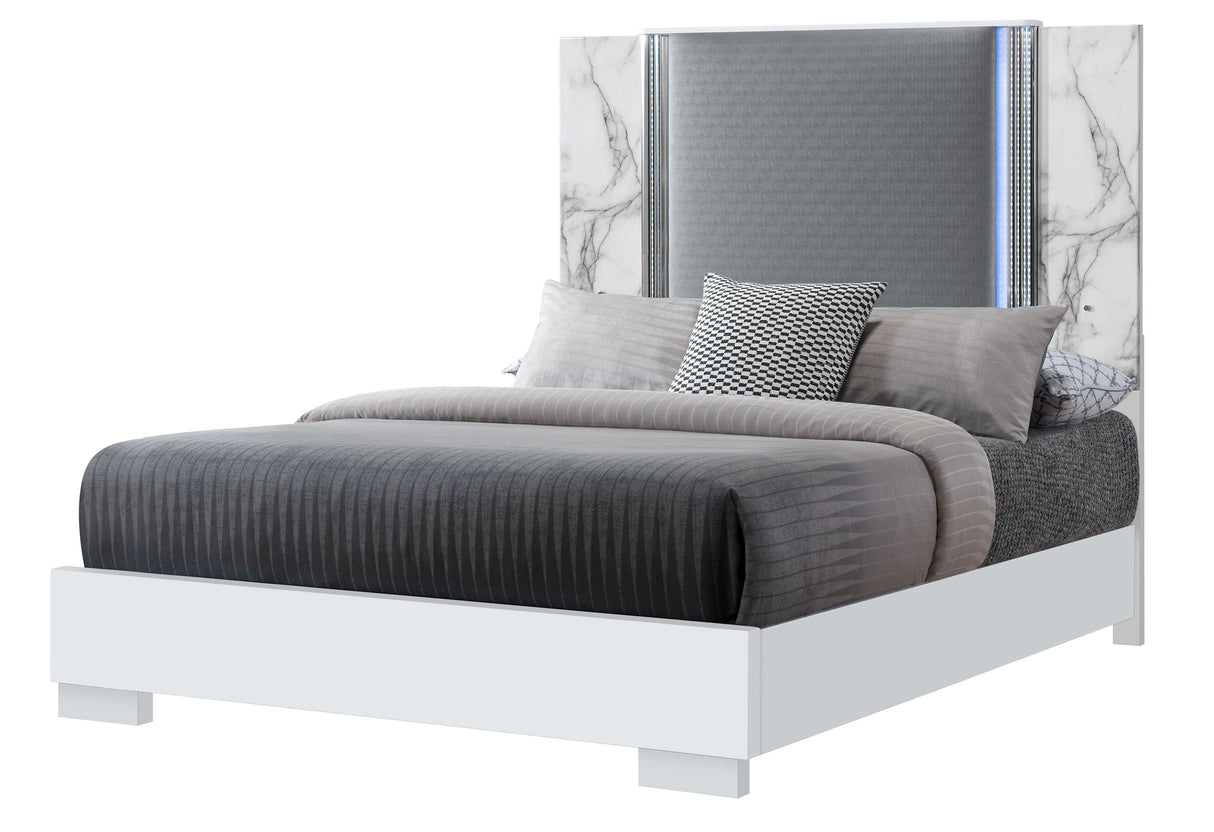 Ylime White Marble Queen Bed With Led | Global