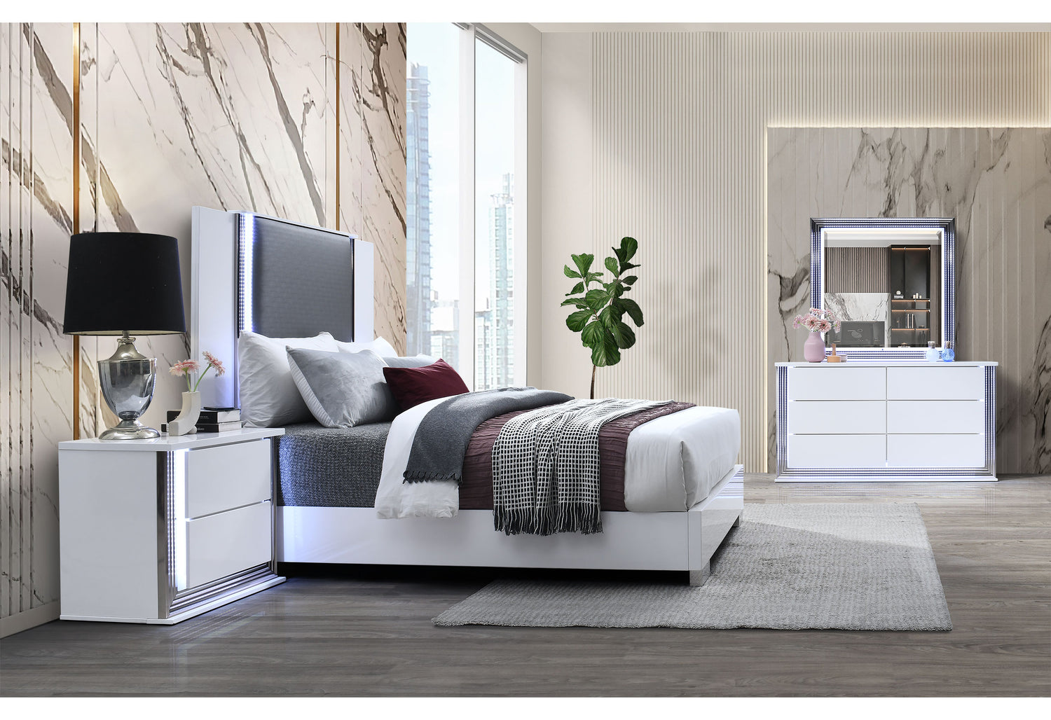 Ylime Smooth White Queen Bed With Led Fully Slatted | Global