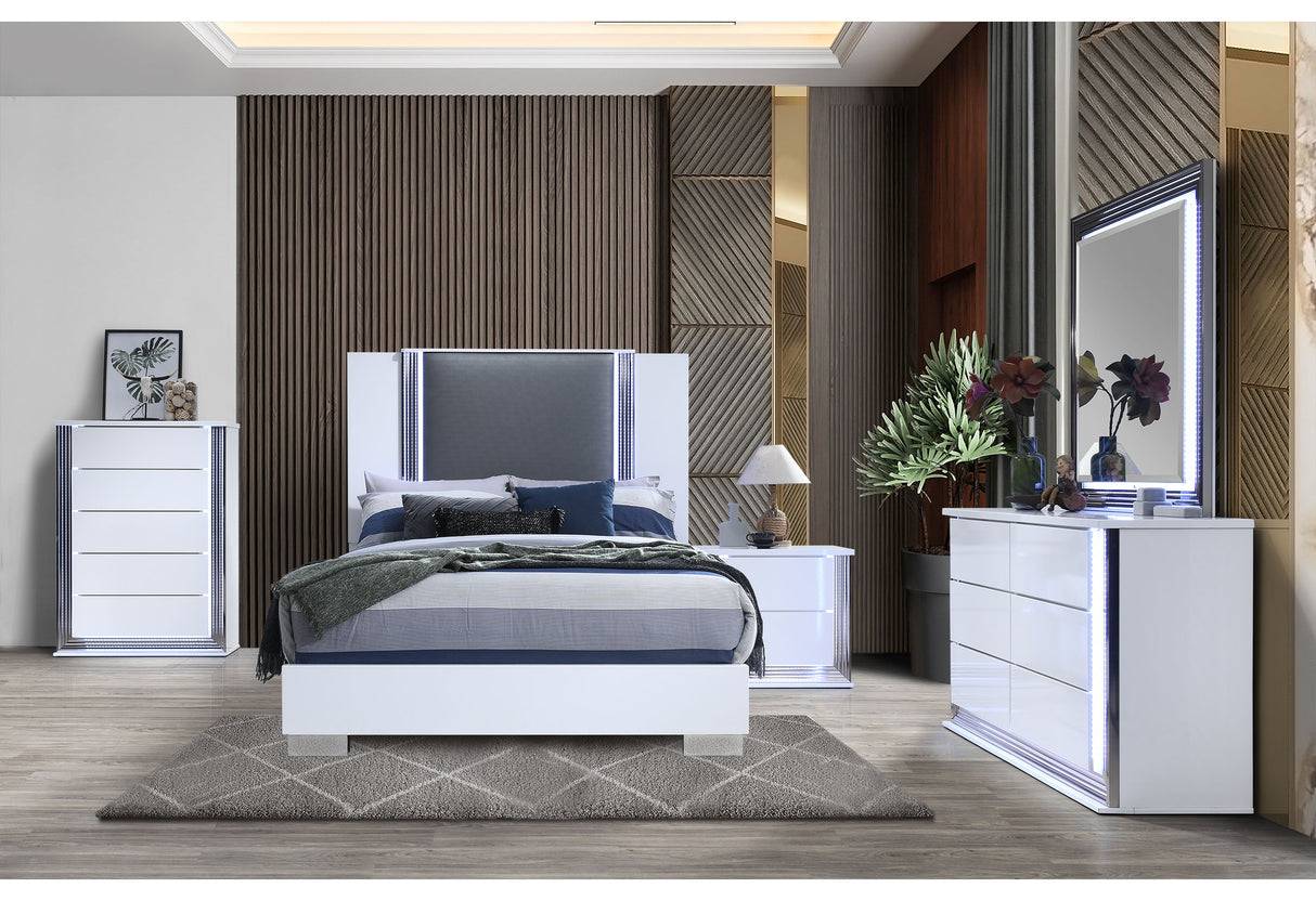 Ylime Smooth White Queen Bed With Led Fully Slatted | Global