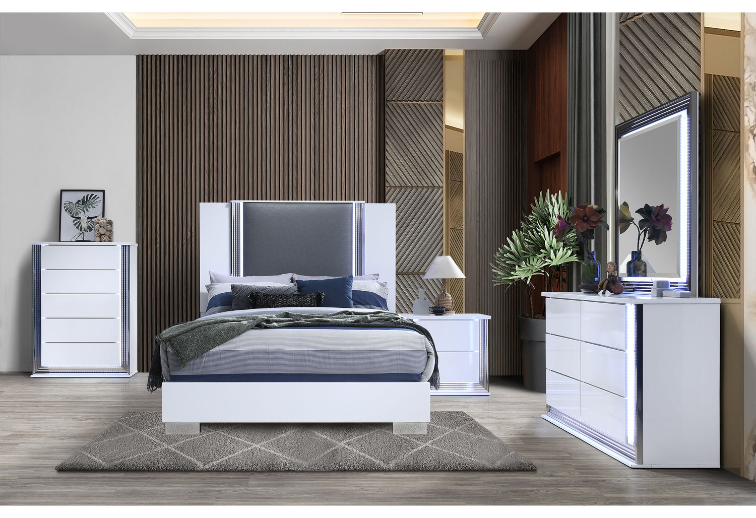 Ylime Smooth White Queen Bed With Led Fully Slatted | Global