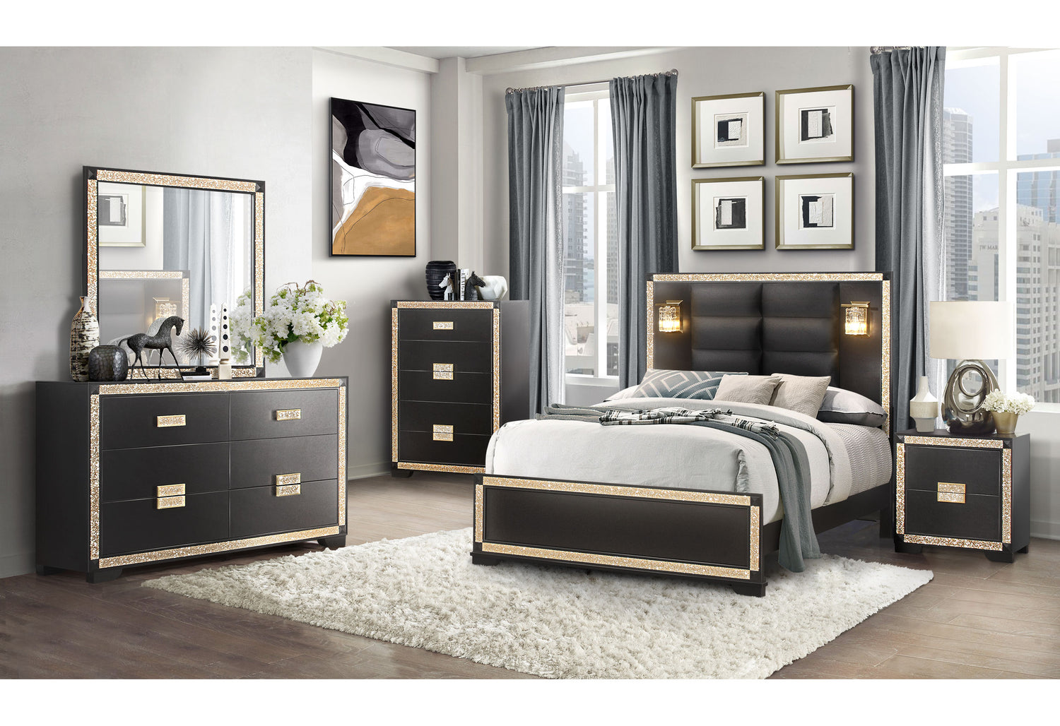 Blake Black Queen Bed With Lamps | Global - Home Elegance USA