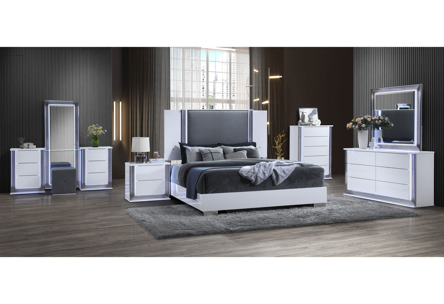 Ylime Smooth White King Bed With Led Fully Slatted | Global
