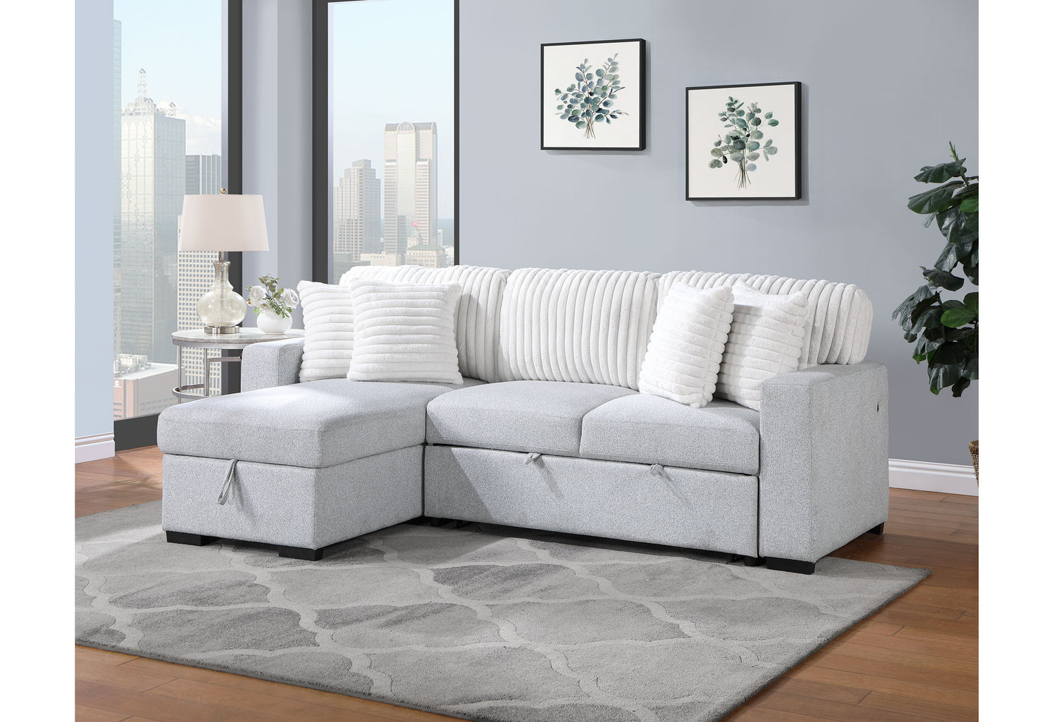 U0204 Light Grey/White Reversible Pull Out Sofa Bed | Global Furniture USA