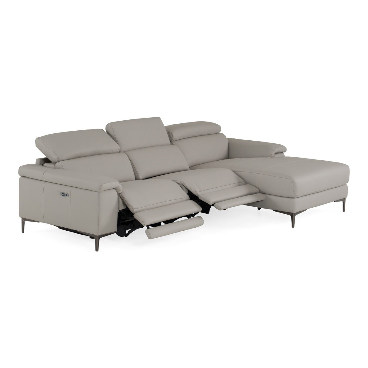 Meidas - Modern Light Grey Leather Sectional Sofa + 2 Recliners - Right Facing Chaise - View Image 1