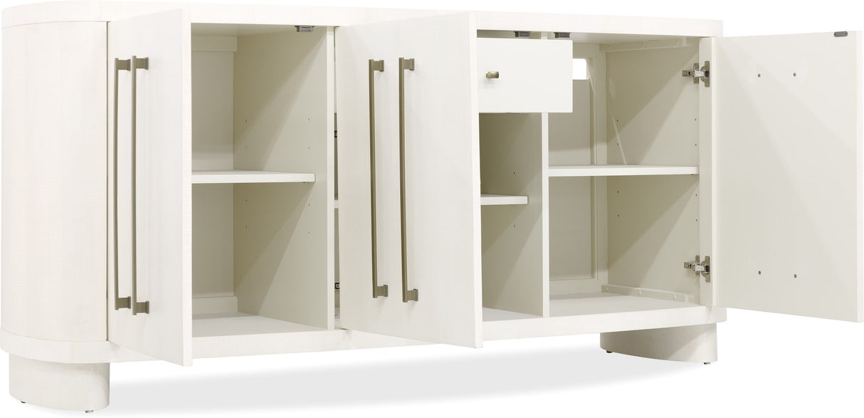 Soft-close storage doors open – Melange Bar None Credenza interior shelves