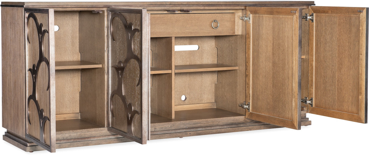 Touch-latch doors open showing adjustable interior storage – Dancer Credenza