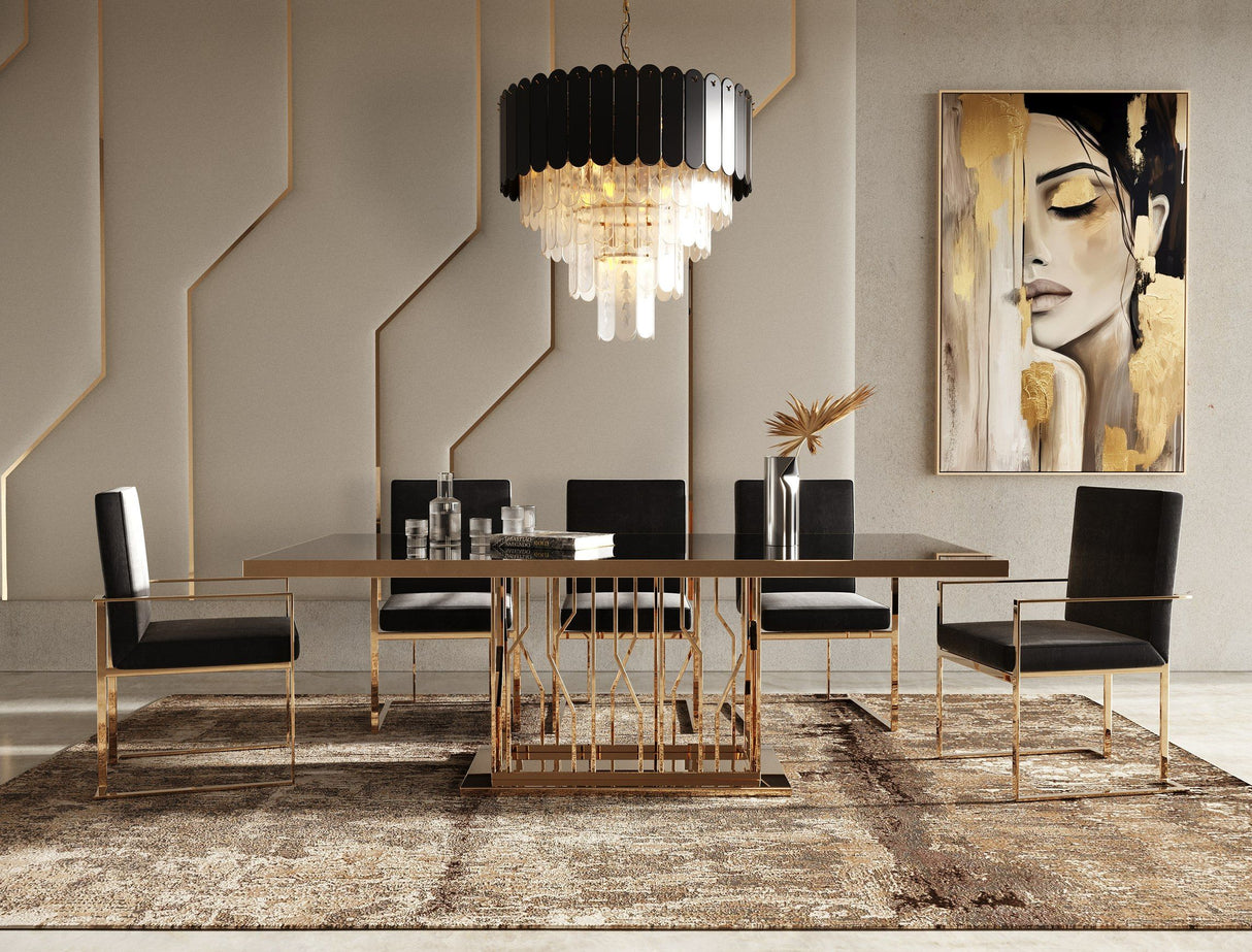 Modrest Marston Modern Black Glass & Rosegold Dining Table