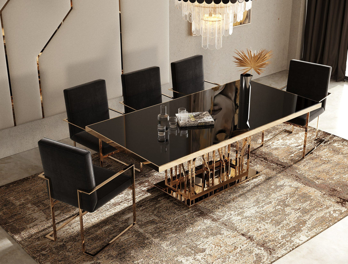 Modrest Marston Modern Black Glass & Rosegold Dining Table