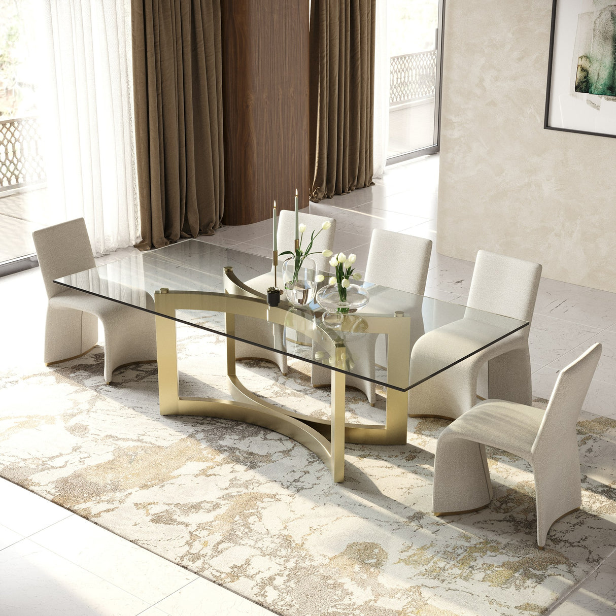 Mingus - Modern Glass + Brushed Brass Rectangualr Dining Table - View Image 1