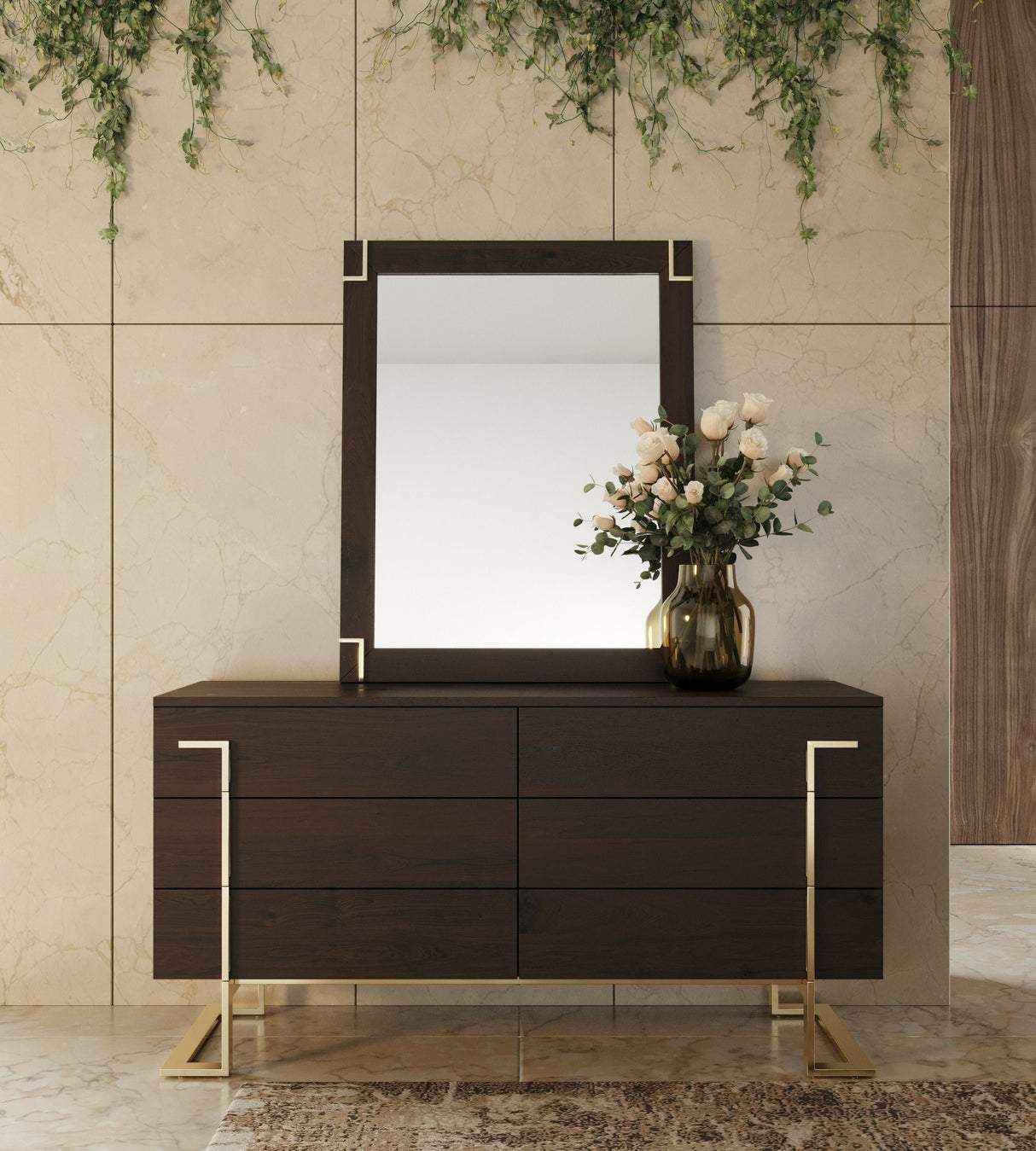 Moontide - Glam Beige Velvet and Brushed Brass EK Bedroom Set