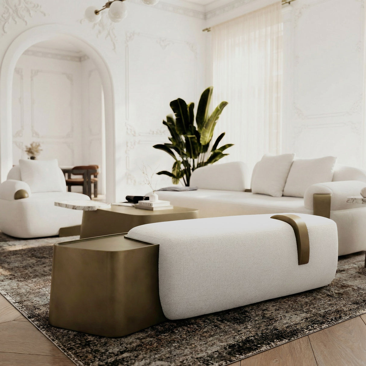 Rainier - Contemporary Off-White Fabric + Antique Brass Bench w/ Tray Table - View Image 8