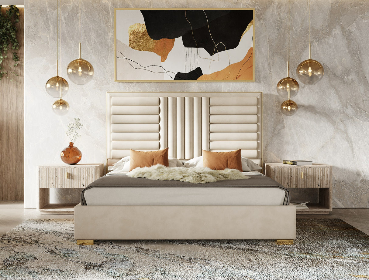 Eastern King - Daystar + Roma - Modern Beige Velvet + Travertine + Gold Bedroom Set - View Image 1