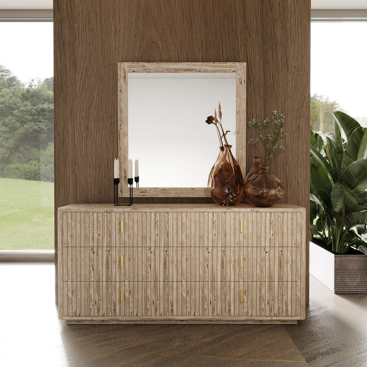 Eastern King - Daystar + Roma - Modern Beige Velvet + Travertine + Gold Bedroom Set - View Image 1