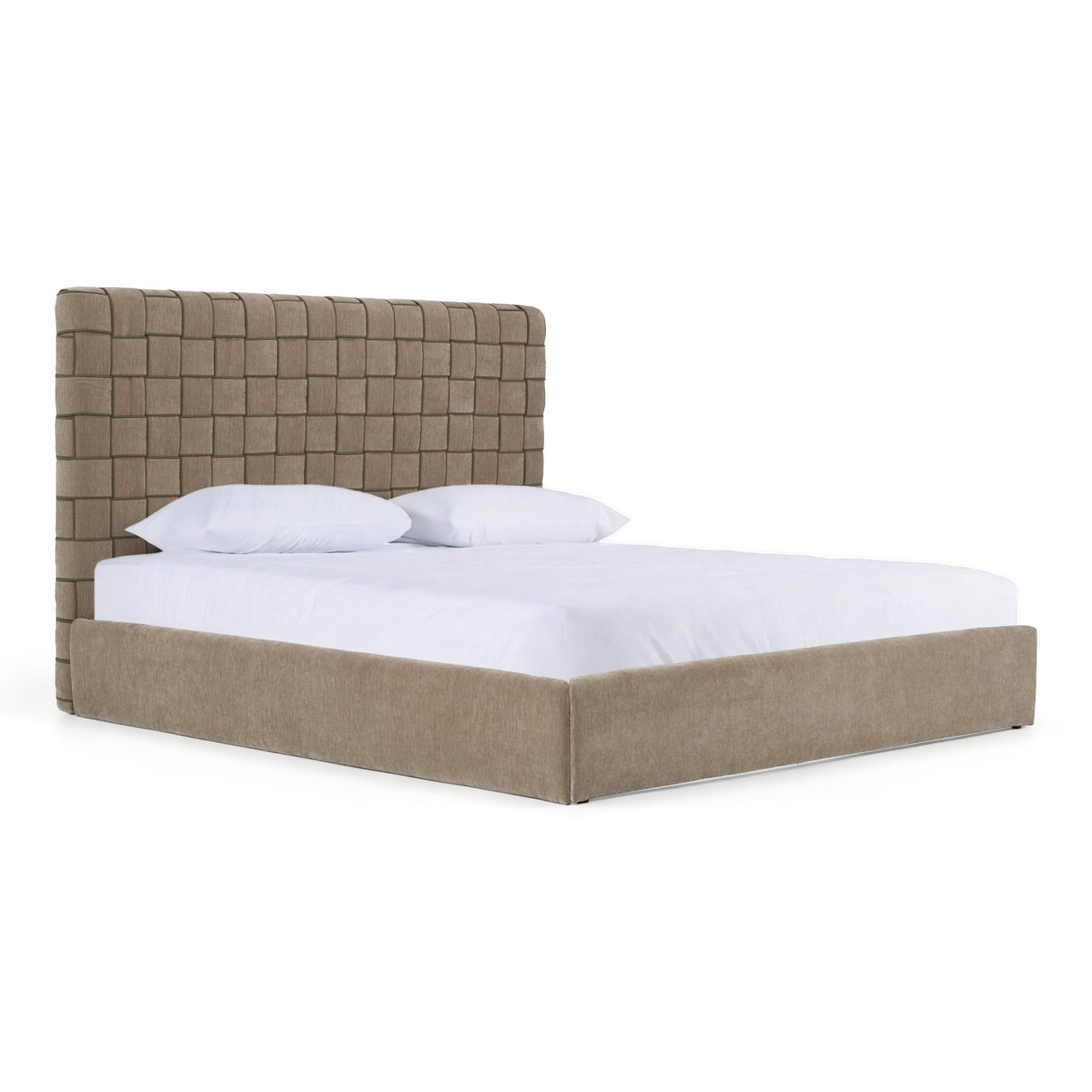 Eastern King Rousey + Roma - Modern Taupe Fabric + Walnut 4-Piece Bedroom Set