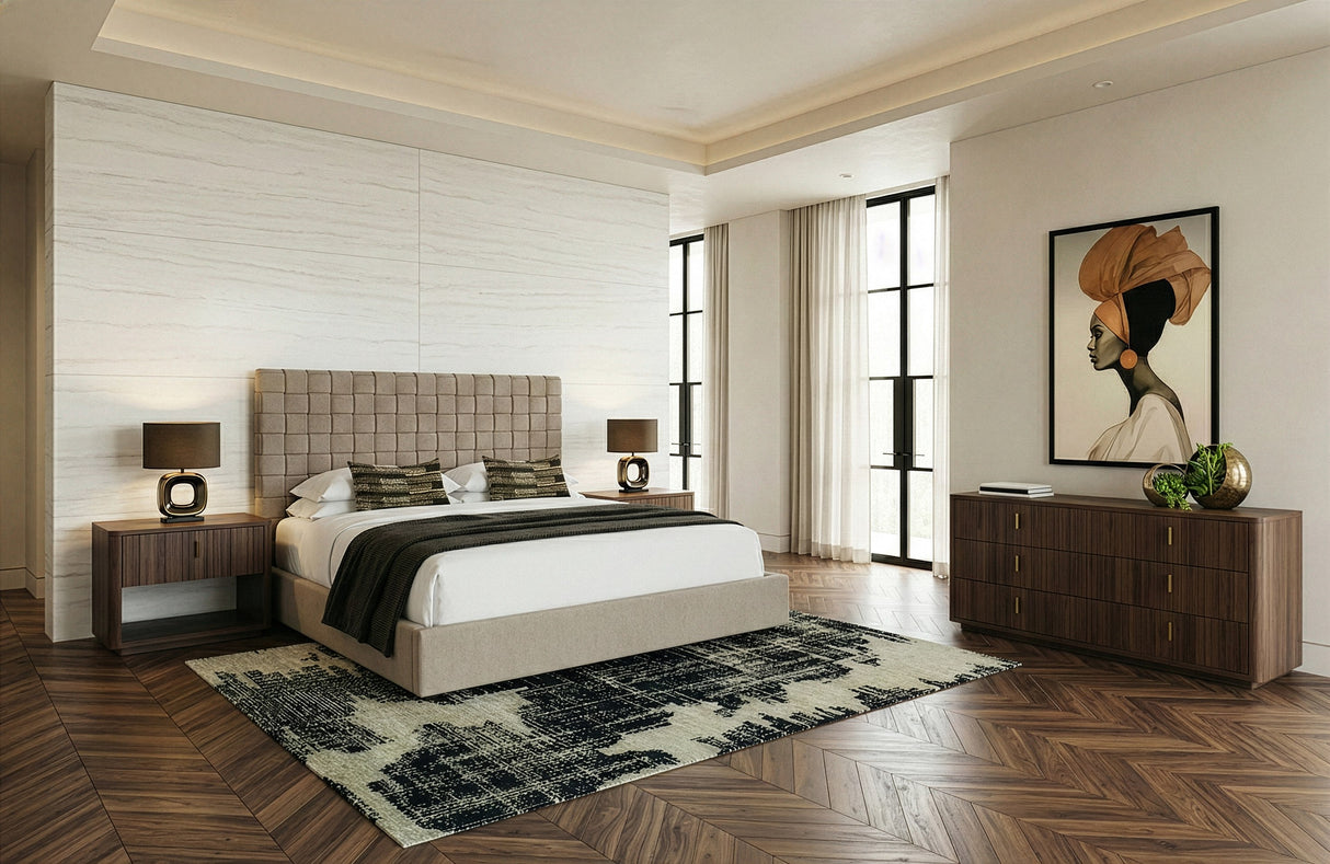 Eastern King Rousey + Roma - Modern Taupe Fabric + Walnut 4-Piece Bedroom Set - View Image 1