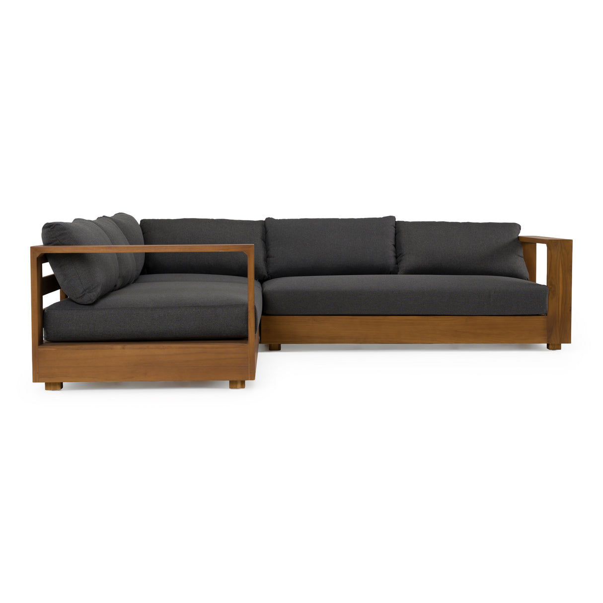 Santorini - Outdoor Grey Olefin Fabric + Natural Teak Sectional Sofa - View Image 1