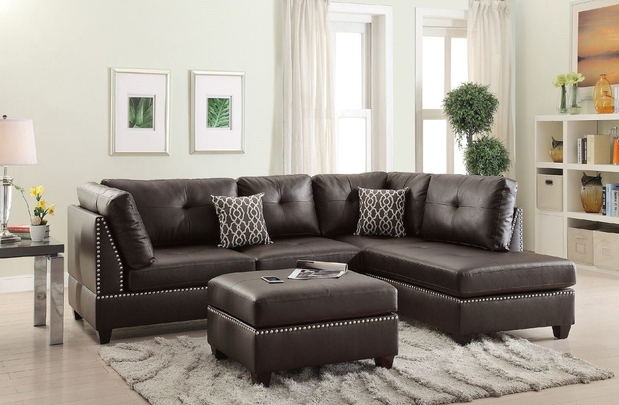 3 - pcs Sectional Sofa Espresso Bonded Leather Cushion Sofa Chaise Ottoman Reversible Couch Pillows | Home Elegance USA