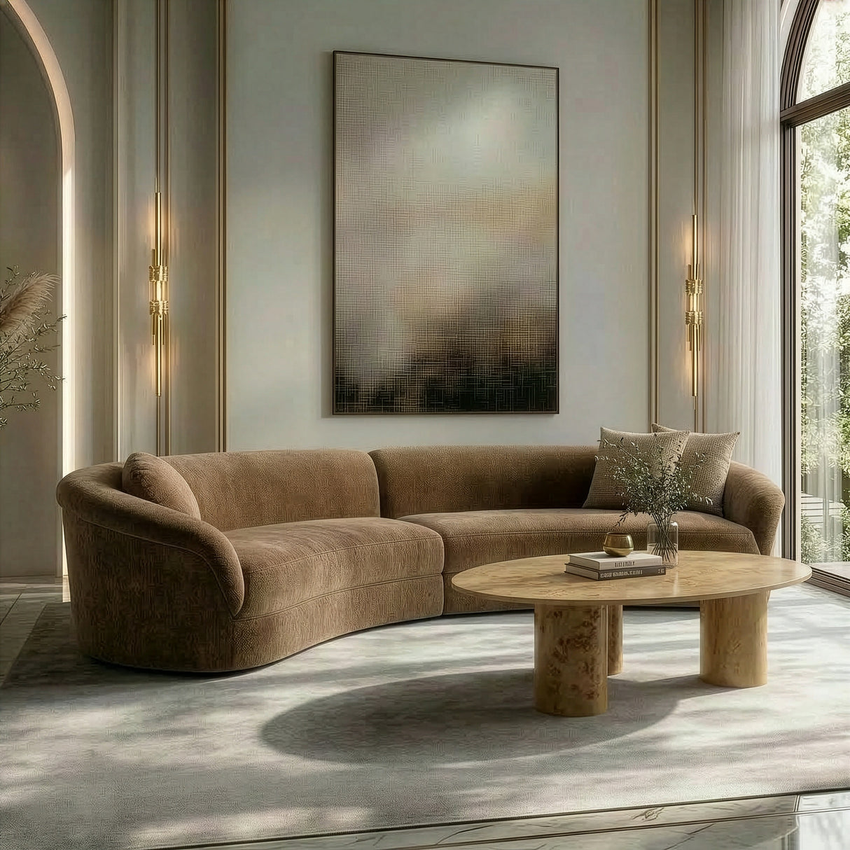 Sheth - Modern Brown Fabric Curved Sectional Sofa - View Image 1