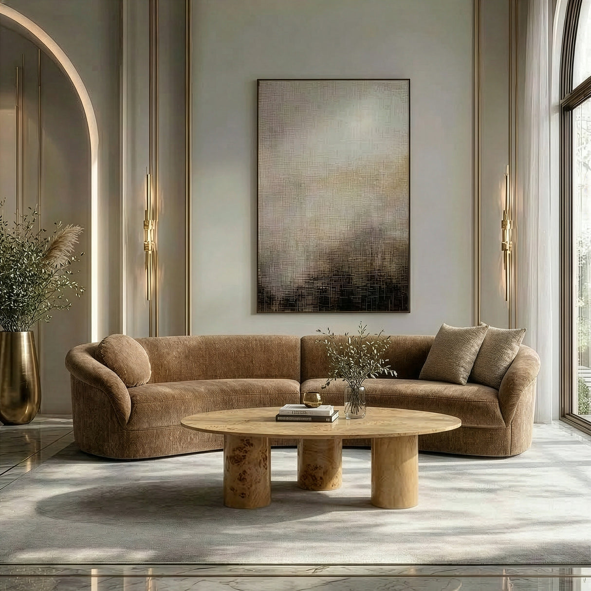 Sheth - Modern Brown Fabric Curved Sectional Sofa - View Image 1
