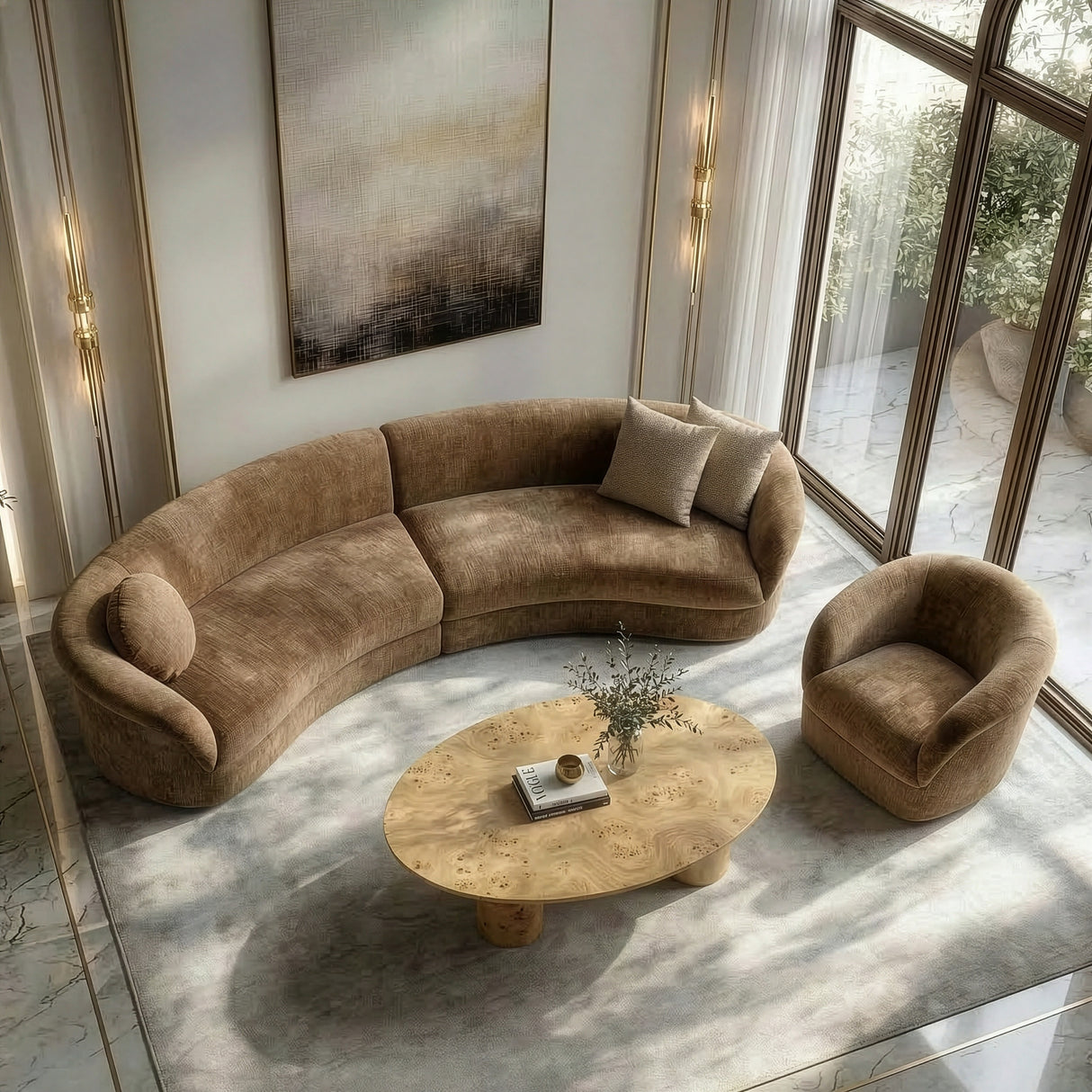 Sheth - Modern Brown Fabric Curved Sectional Sofa - View Image 1