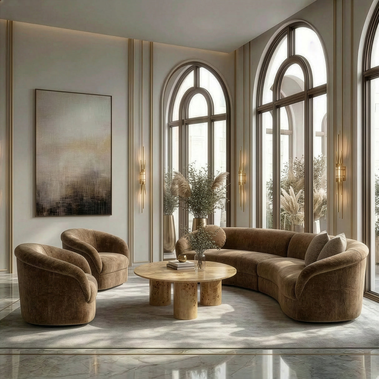 Sheth - Modern Brown Fabric Curved Sectional Sofa - View Image 1