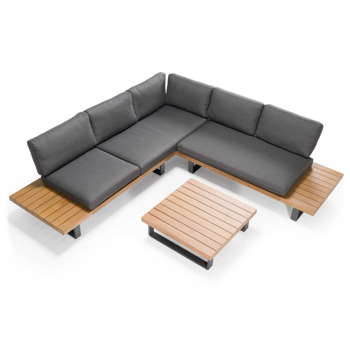 Skaros - Outdoor Grey Olefin Fabric + Eucalyptus Sectional Sofa + Coffee Table Set - View Image 1