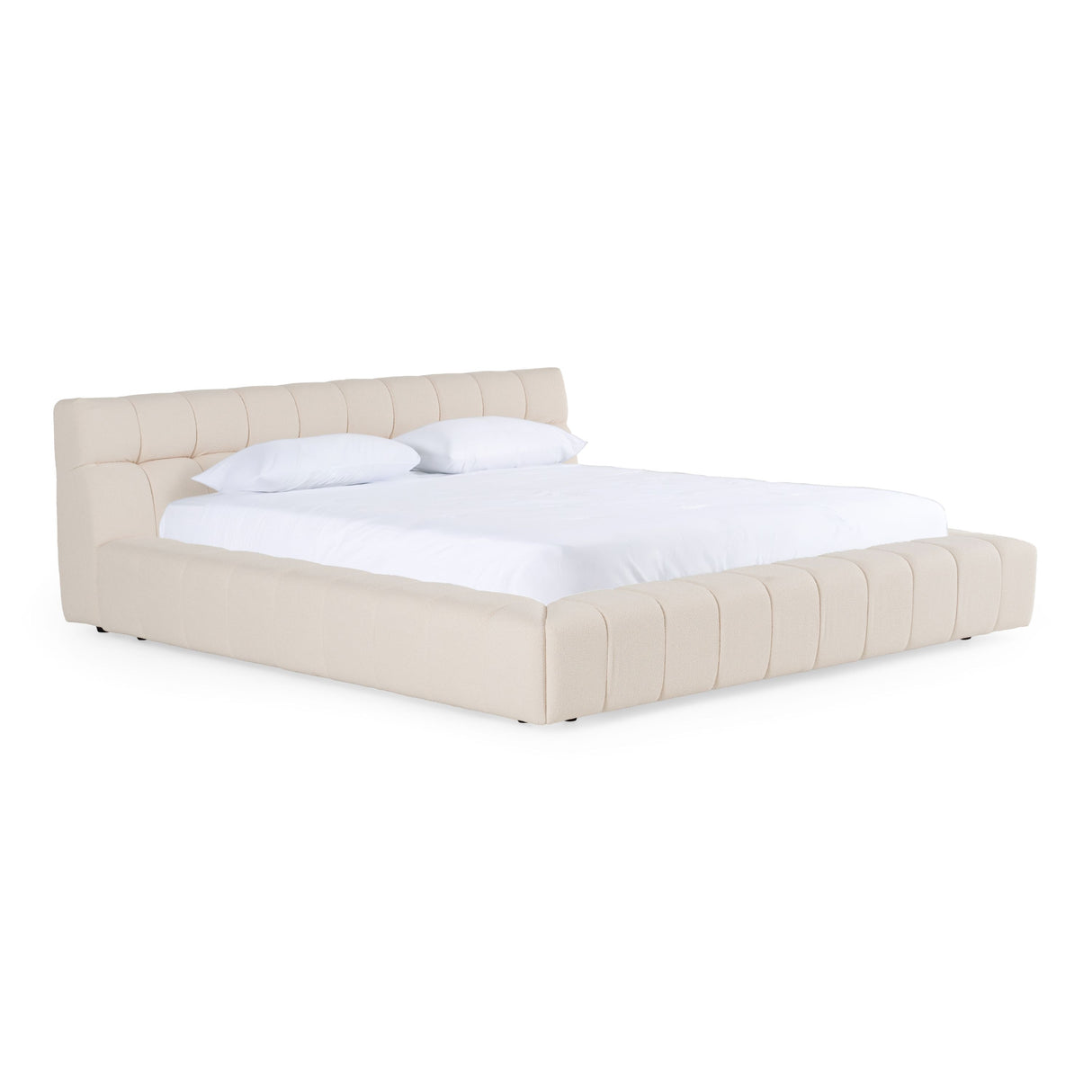 Eastern King Tyree + Brooklyn - Modern Off-White Fabric + Walnut 4-Piece Bedroom Set