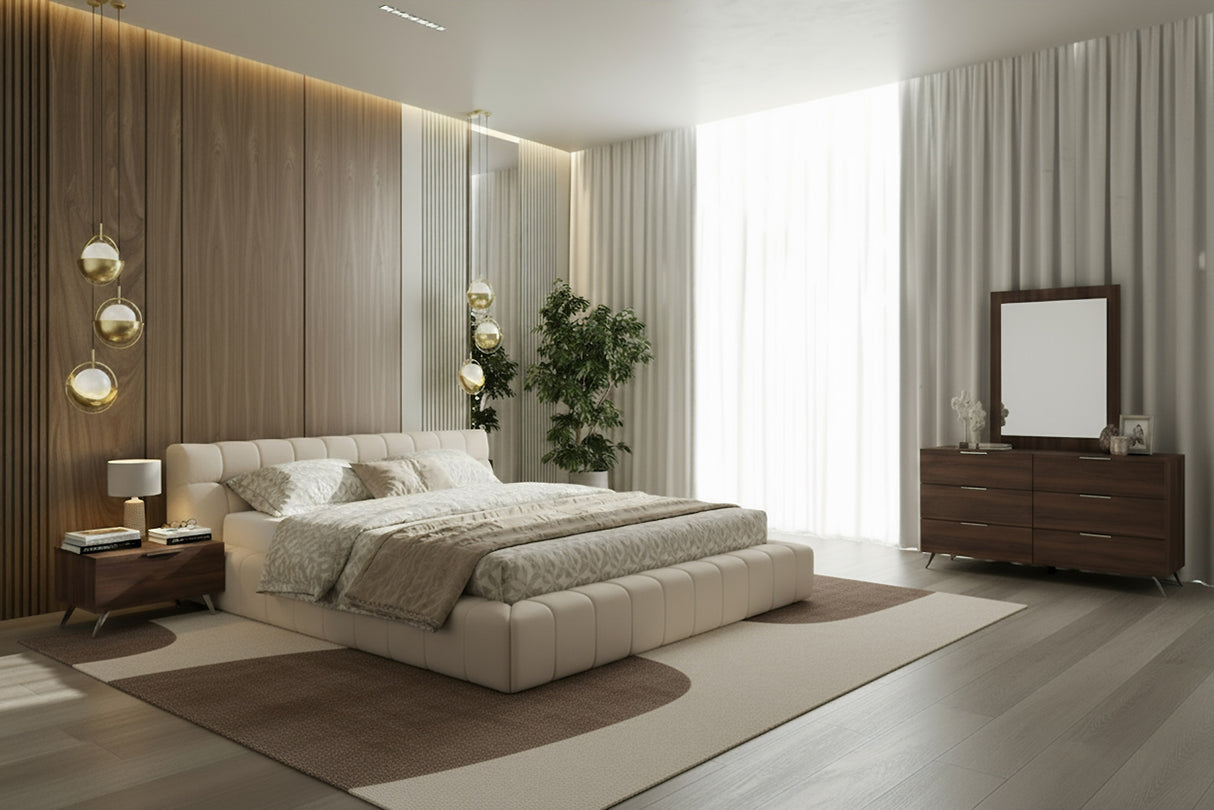 Eastern King Tyree + Brooklyn - Modern Off-White Fabric + Walnut 4-Piece Bedroom Set - View Image 1