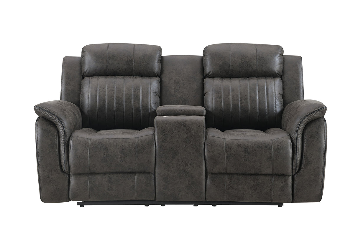 U8517 Console Reclining Loveseat with Storage in Grey Faux Leather Front View – Global Furniture USA