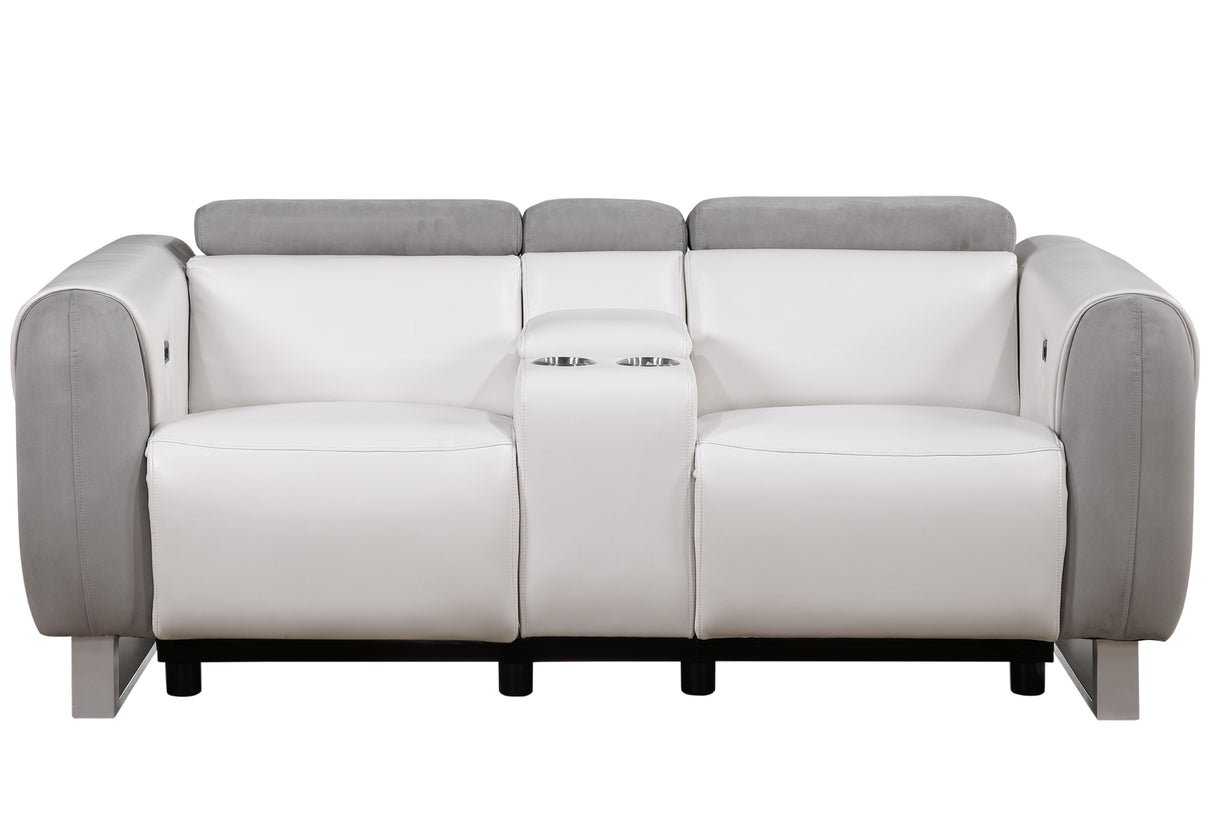 U8520 Power Console Reclining Loveseat in Blanche White/Grey Fabric Front View – Global Furniture USA