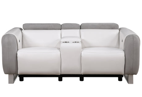 U8520 Power Console Reclining Loveseat in Blanche White/Grey Fabric Front View – Global Furniture USA