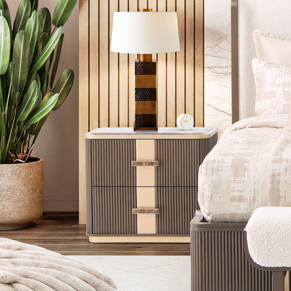 West Kensington 2-Drawer Nightstand – Room View | Aico by Michael Amini