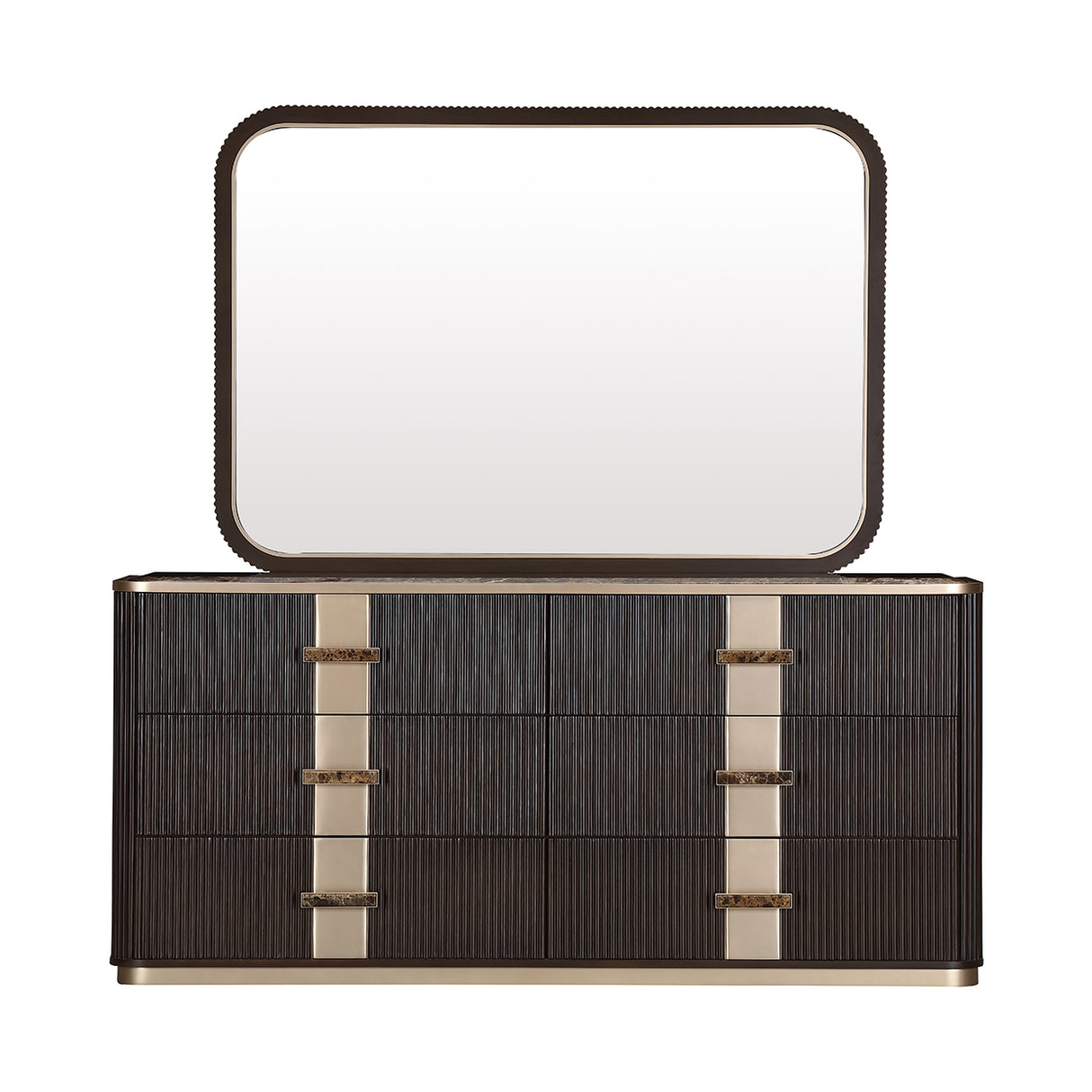 West Kensington Dresser & Mirror Set in Medium Espresso with Emperador Marble Top | AICO by Michael Amini