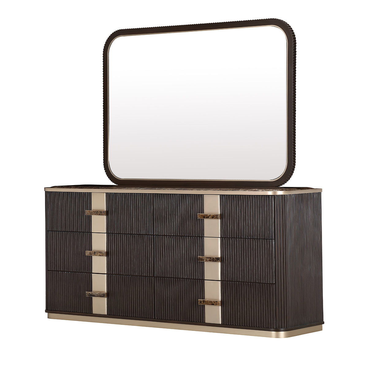 West Kensington Dresser & Mirror Set in Medium Espresso with Emperador Marble Top | AICO by Michael Amini