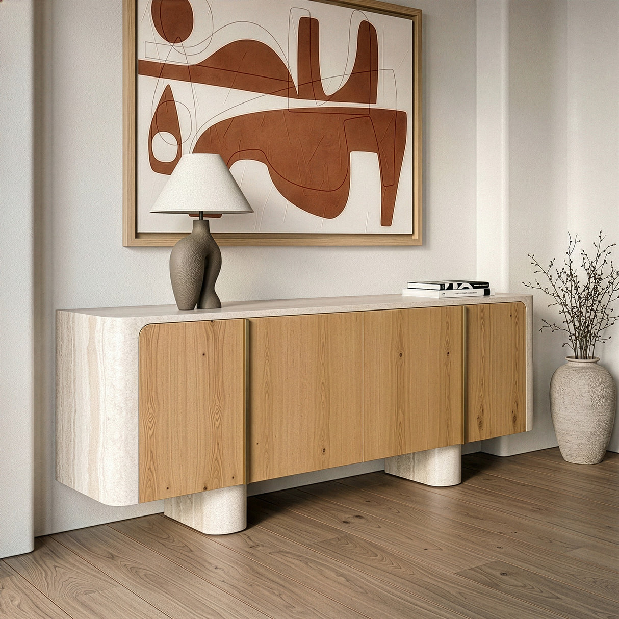 Wolff - Modern White Oak + Faux Travertine Buffet - View Image 1