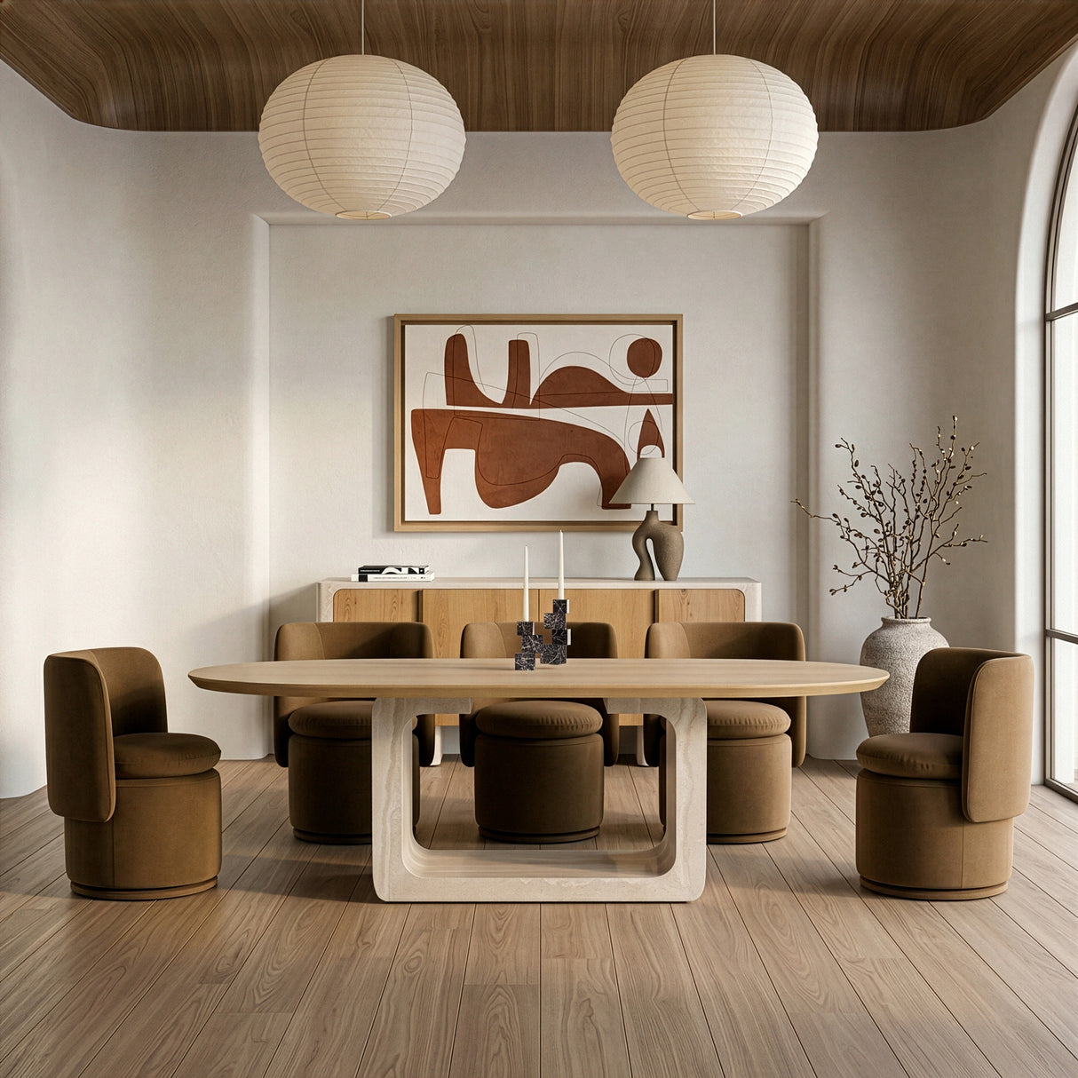 Wolff - Modern White Oak + Faux Travertine Dining Table - View Image 1