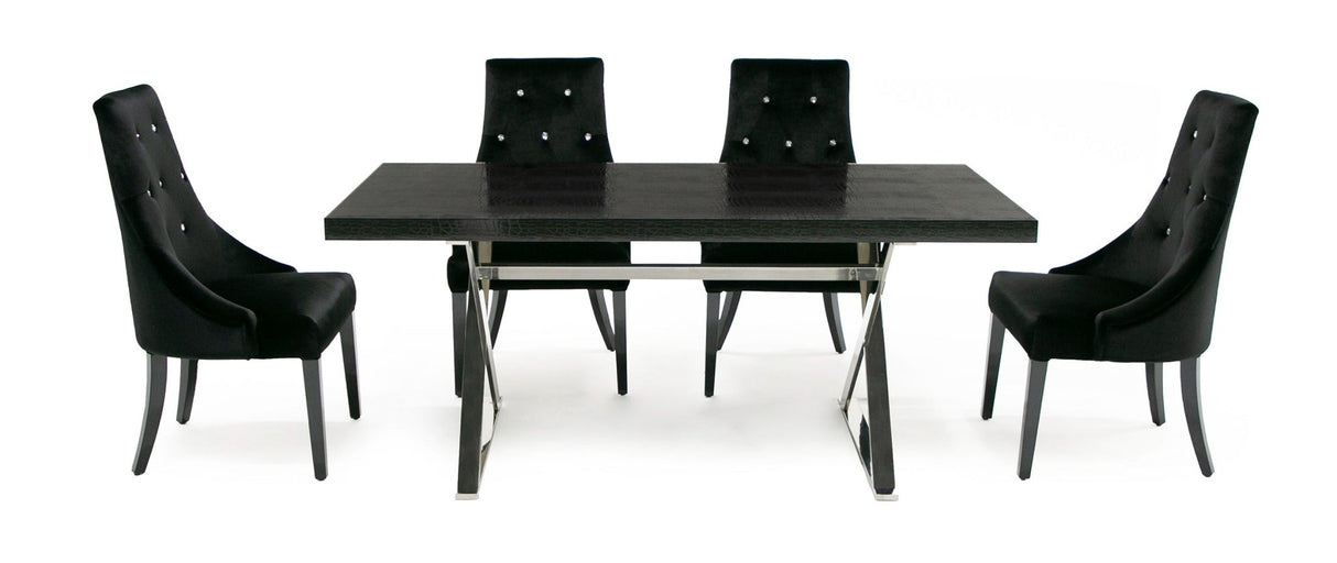 A&X Xavier - Modern Black Crocodile + Stainless Steel Dining Table | Home Elegance USA