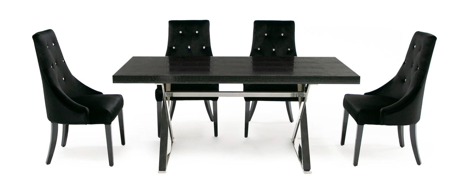 A&X Xavier - Modern Black Crocodile + Stainless Steel Dining Table | Home Elegance USA