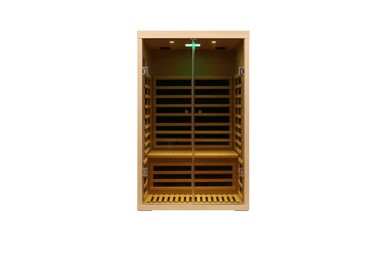 Two person wide space hemlock double doors great glass luxury indoor Far infrared sauna room
