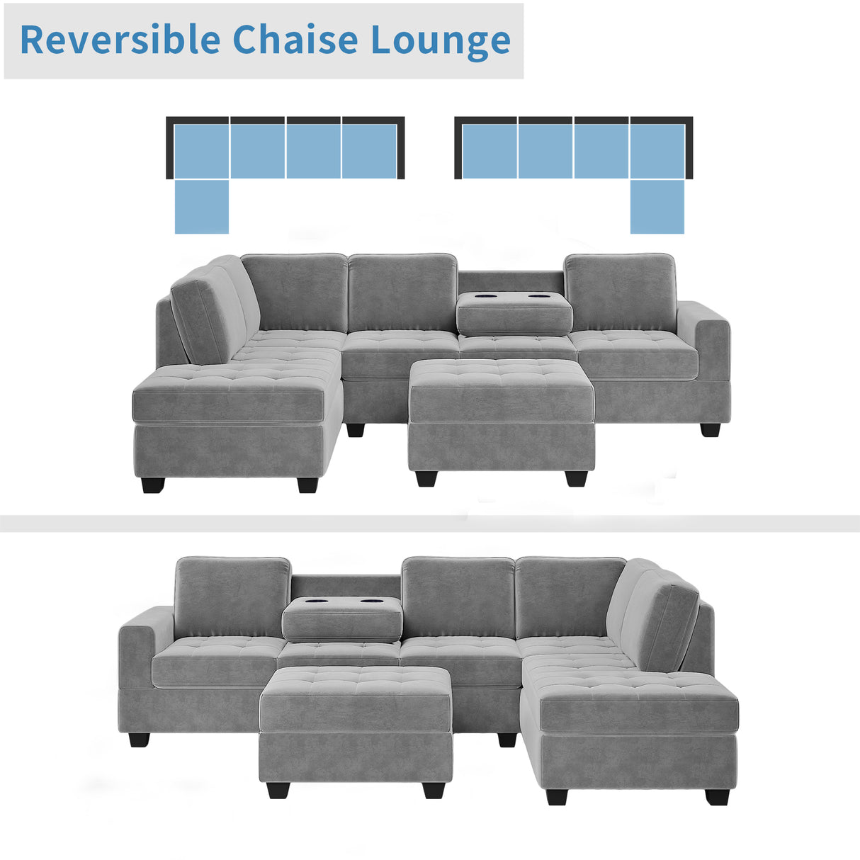 Orisfur. Modern Sectional Sofa with Reversible Chaise, L Shaped Couch Set with Storage Ottoman and Two Cup Holders for Living Room - Home Elegance USA