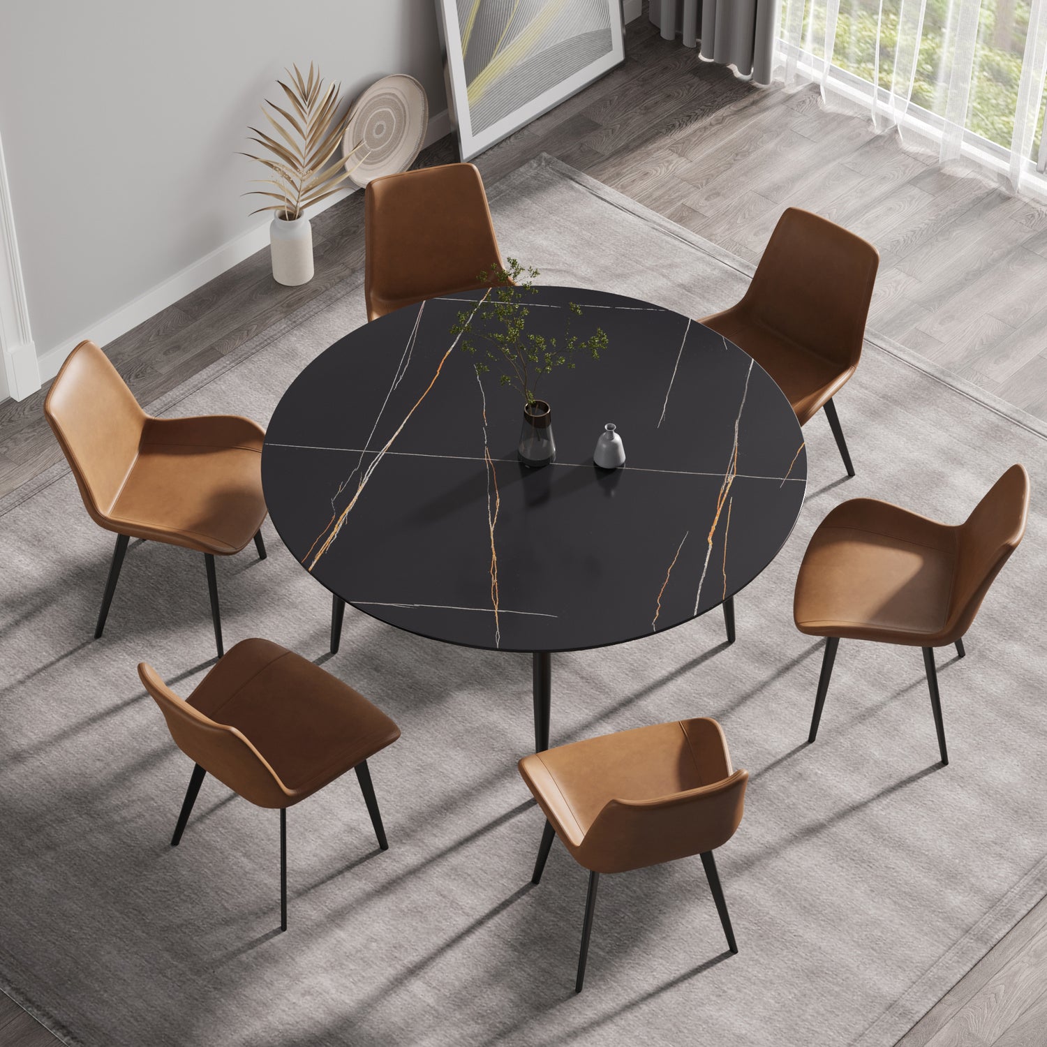 59.05"Modern man - made stone round black metal dining table - position for 6 people | Home Elegance USA