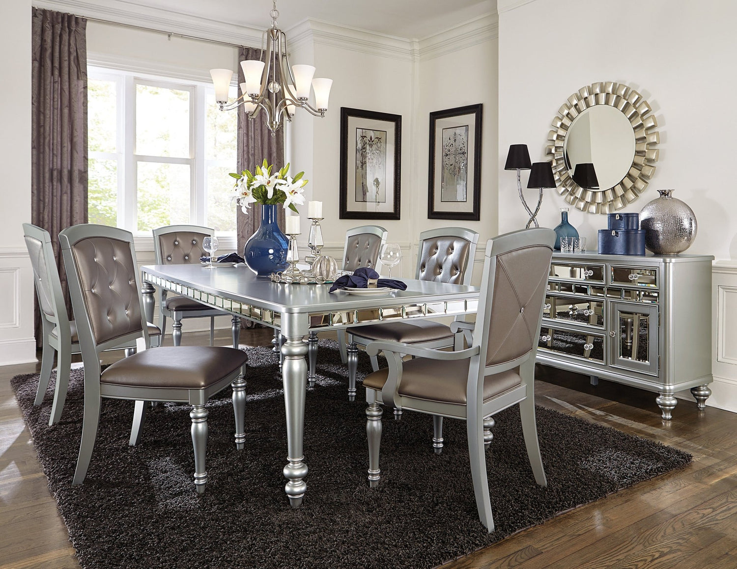 Glamorous Silver Finish Dining Set 7pc Dining Table 2x Armchairs 4x Side Chairs Crystal Button Tufted Upholstered Modern Style Furniture - Home Elegance USA