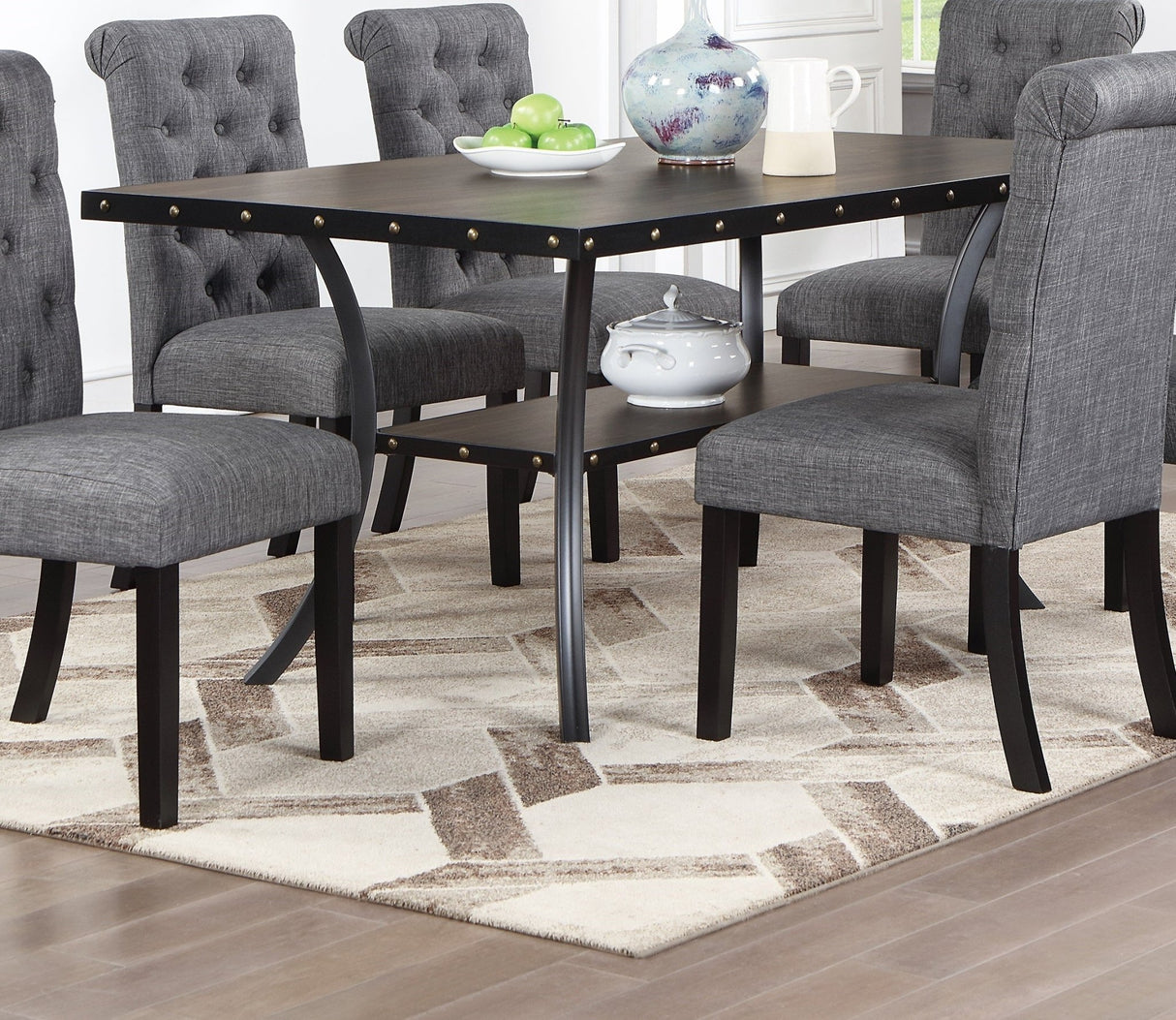 Classic Dining Room Furniture Natural Wooden Rectangle Top Dining Table 6x Side Chairs Charcoal Fabric Tufted Toll Back Top Back Chair Nail heads Trim and Storage Shelve 7pc Dining Set - Home Elegance USA