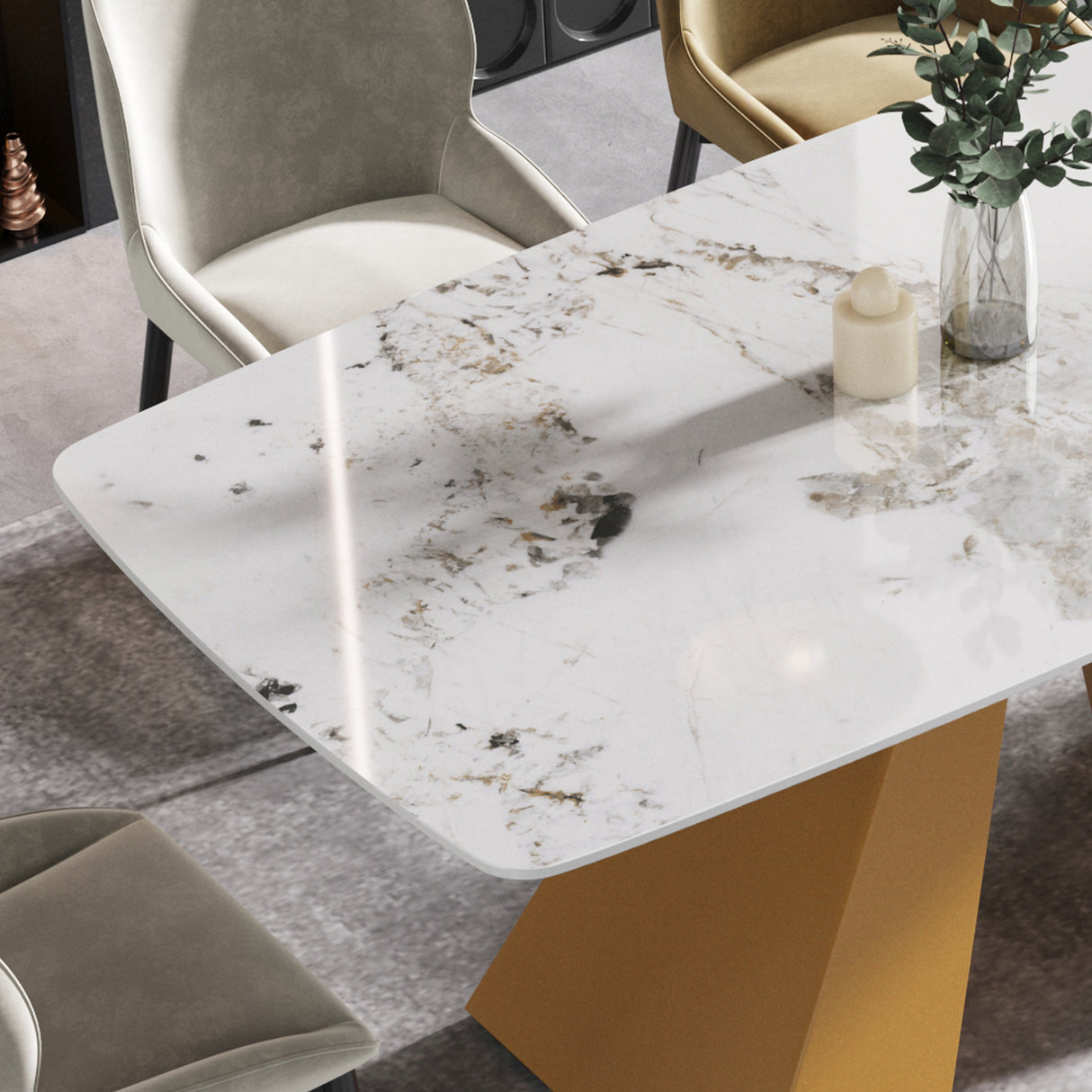 63"Modern artificial stone pandora white curved golden metal leg dining table - 6 people | Home Elegance USA