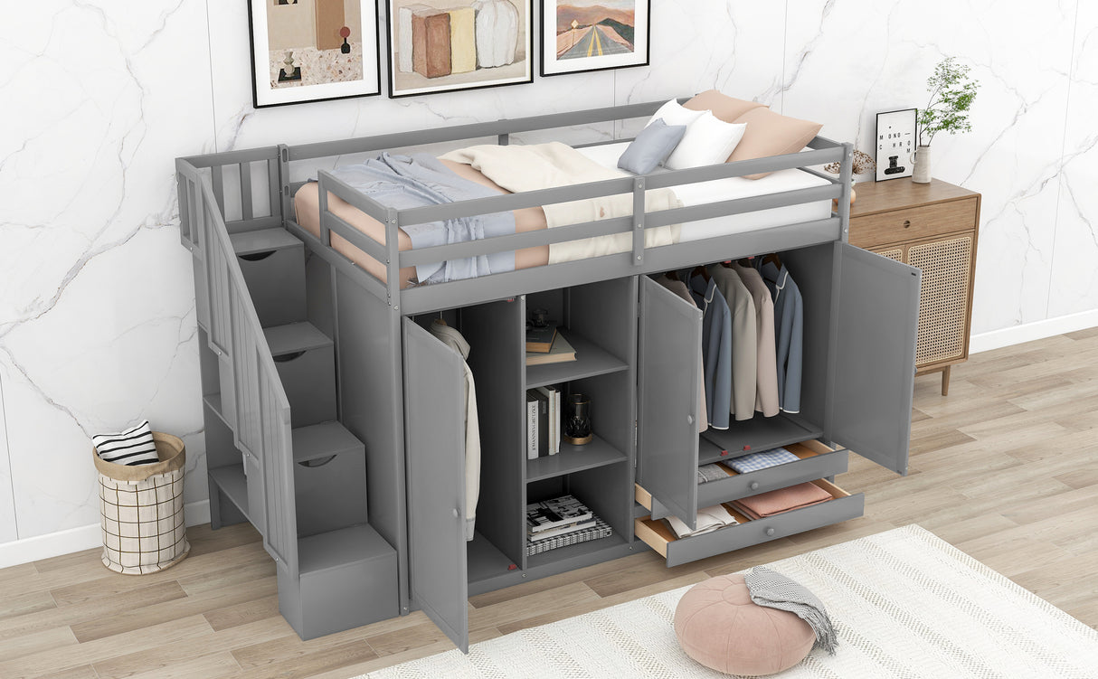 Functional Loft Bed with 3 Shelves, 2 Wardrobes and 2 Drawers, Ladder with Storage, No Box Spring Needed, Gray - Home Elegance USA
