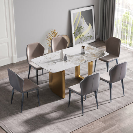 63"Modern artificial stone pandora white curved golden metal leg dining table - 6 people | Home Elegance USA