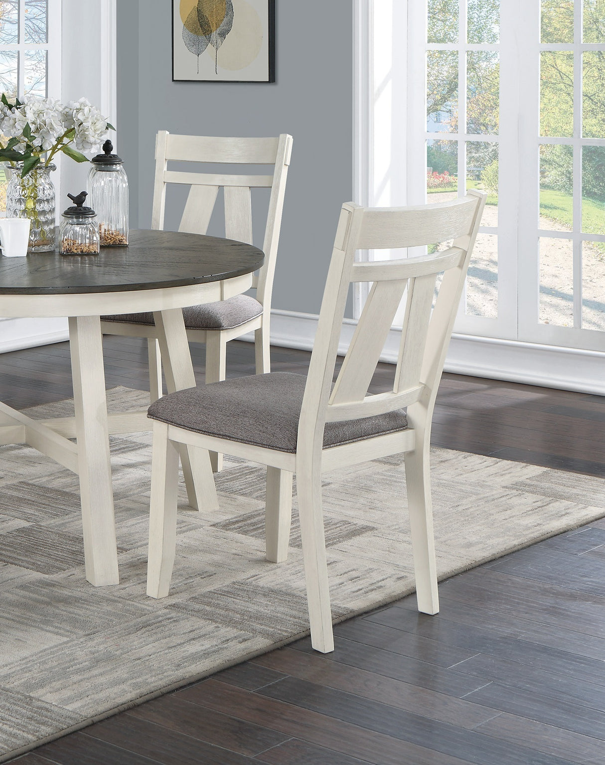 Dining Room Furniture 5pc Dining Set Round Table And 4x Side Chairs Gray Fabric Cushion Seat White Clean Lines Wooden Table Top | Home Elegance USA