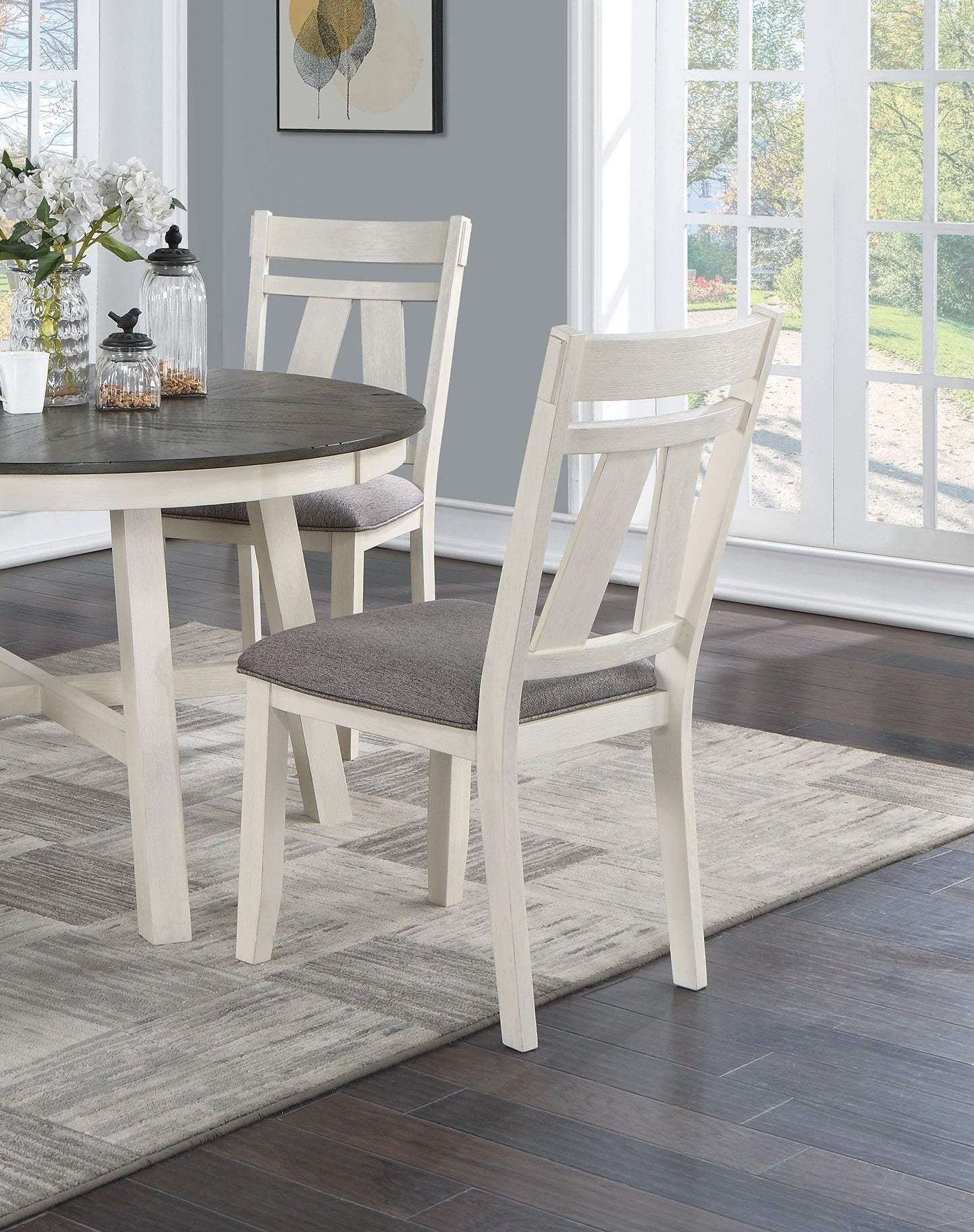 Dining Room Furniture 5pc Dining Set Round Table And 4x Side Chairs Gray Fabric Cushion Seat White Clean Lines Wooden Table Top | Home Elegance USA